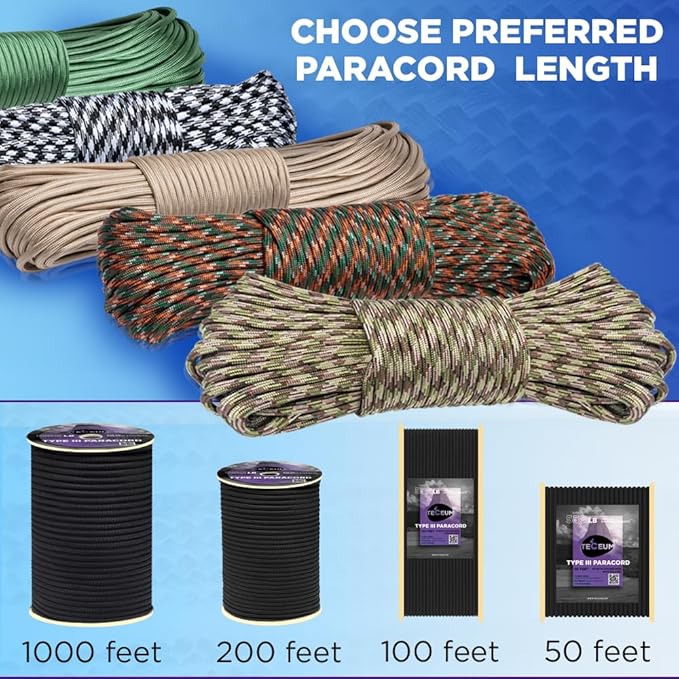 TECEUM Heavy Duty Rope 1000 – 1000ft / 200ft / 100ft / 50ft – 40+ Colors – Utility Rope for Survival & Camping Gear – Nylon String, Camping Rope, para Cord, Utility Nylon Rope, Tent Cord