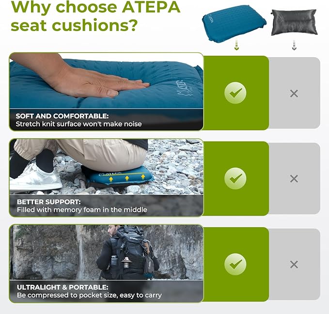ATEPA Inflatable Stadium Seat Cushion, Self-Inflating Memory Foam Stadium Seats Camping Accessories Chair Pad for Outdoor Airplane Travel Bleacher Patio Backpacking