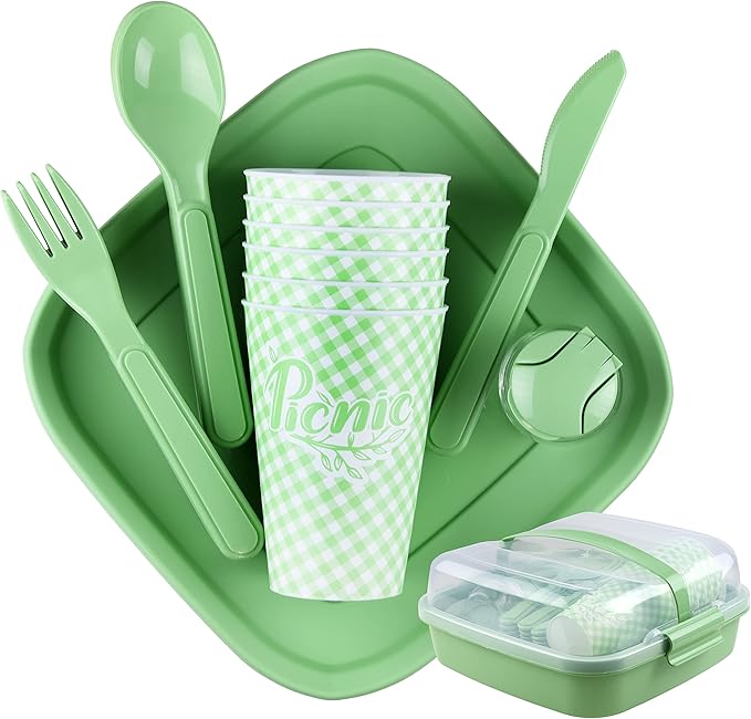Tribello Camping Picnic Dishes Set with Case, 32 Plastic Reusable Cutlery - BPA Free, Microwave / Dishwasher Safe