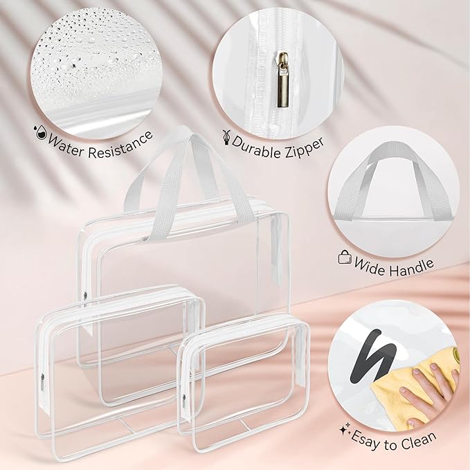 TISRATOK 10 PCS Clear Travel Makeup Toiletry Bag, Plastic PVC Cosmetic TSA Approved Organizer Kit with Zipper Handbag(White)