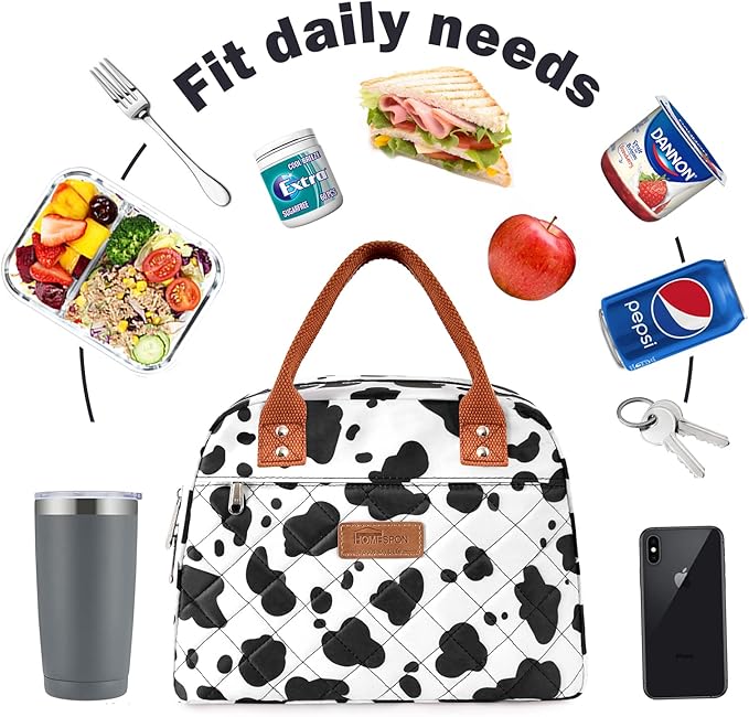 HOMESPON Insulated Lunch Bag for Women Men Adults Lunch Tote with Front Pocket Lunch Box Container Cooler Bag for Work Picnic (Cow Print)