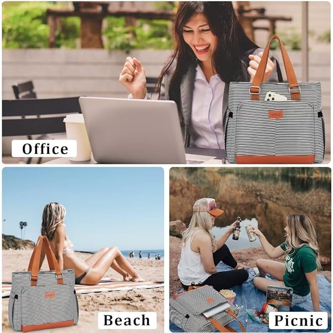 Large Women Lunch Bags for Work/Insulated Adult Lunch Box/Leakproof Cooler Lunch Tote Bag with Storage Pocket. Reusable Lunch Cooler Purse for Work Picnic Hiking 14L, Stripe