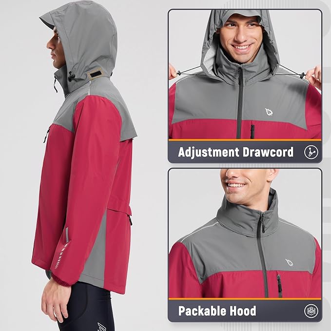 baleaf Men's Rain Jacket Waterproof Windbreaker Running Cycling Golf Hiking Gear Hood Lightweight Reflective Packable
