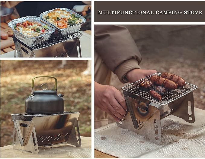 Portable Backpacking Stove with Grill Grid, Folding Stainless Steel Charcoal Grill, Ultralight BBQ Wood Burning Camp Stove for Hiking Picnic Garden Backyard Cooking