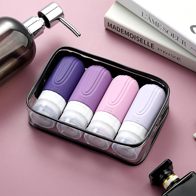 Travel Bottles for Toiletries, Tsa Approved 2oz Travel size Bottles, BPA Free Leak Proof Travel Toiletry Containers, Refillable Travel Accessories with Toiletry Bag for Shampoo Liquid (4 Pack)