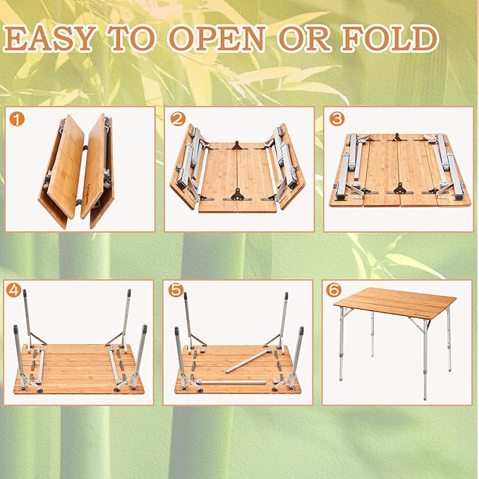 KingCamp Bamboo Folding Table Environmental Camping Table with Adjustable Height Aluminum Legs Heavy Duty 4-Folds Portable Camp Tables for Travel, Picnic, Party, Beach, 1-2 People