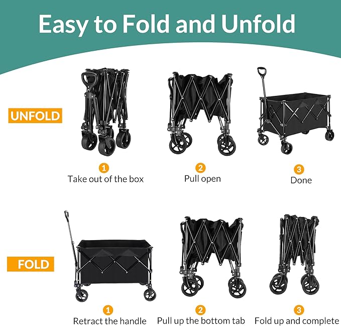 Collapsible Trolley Wagon Cart with Wheels 140L & 300LBS Capacity for Outdoor Sports, Shopping, Camping and Gardening