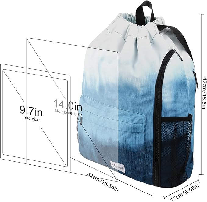 Drawstring Backpack with Mesh Pockets String Gym Bag Sackpack Sandproof Water Resistant Beach Backpack for Men Women
