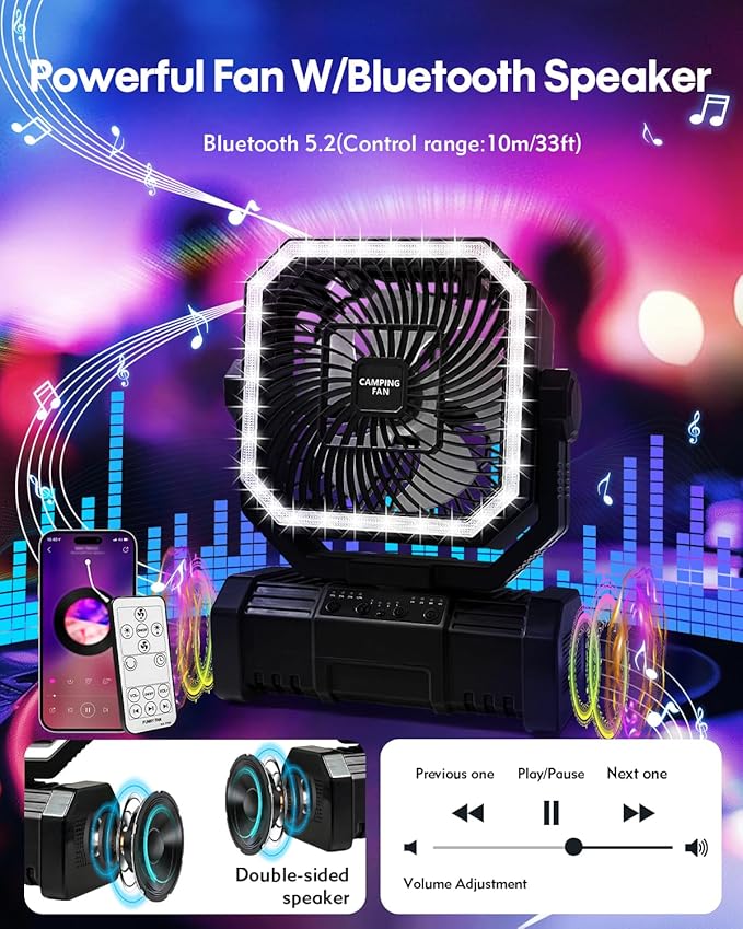 20000mAh Portable Camping Fan, Rechargeable Battery Operated Oscillating Tent Fan W/Bluetooth Speaker, 4 Speeds, LED lights & 360° Rotation Hook for Outdoor RV Travel Essentials, Black