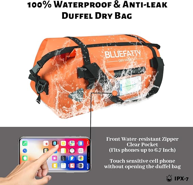 Waterproof Motorcycle Duffel Bag Roll Top Dry Duffel Bag with Quick-fixed Straps for Rafting, Boating, Kayaking, Travel, 50L(Orange)