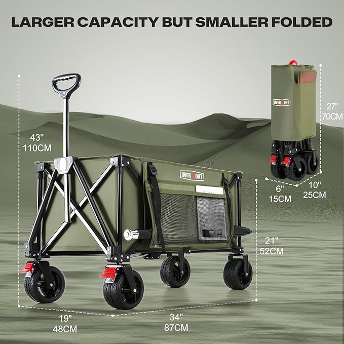 Overmont Collapsible Wagon Cart with Wheels - 220L Foldable Heavy Duty Wagon with Big All-Terrain Wheels - 330Lbs Weight Capacity with Side Pockets for Camping Sports Garden Grocery Shopping Green