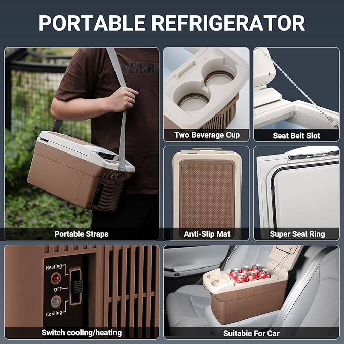 12V Car Refrigerator Cooler/Warmer 6 Quart (6L) 40℉~140℉,12 Volt DC &110V AC, Electric Car Fridge Portable Compact Camping Cooler,Thermoelectric 12V Small Fridge for Car,RV,Camping (Brown)