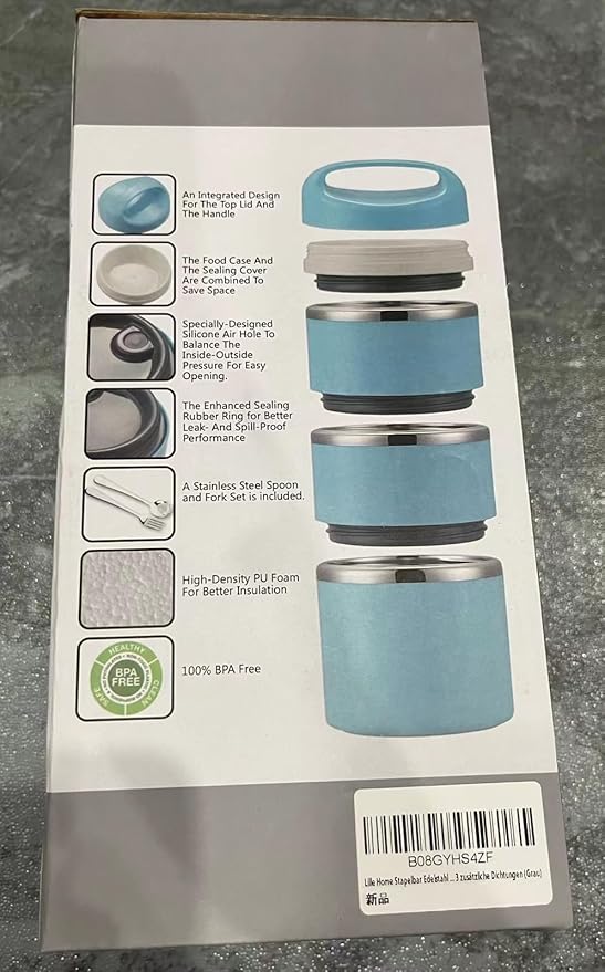 Lille Home Stackable Stainless Steel Thermal Compartment Lunch/Snack Box, 3-Tier Insulated Bento/Food Container with Lunch Bag and Three Extra Seals, 43OZ (Gray)