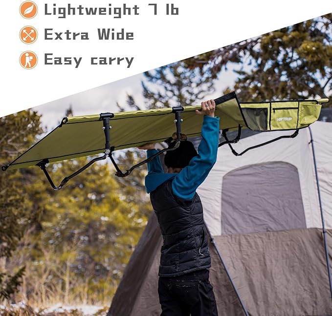 HEYTRIP Extra-Wide Camping Cot, Upgrade Sturdy Camping Bed, XXL Cots for Sleeping Support 500lb, Folding Cot with Side Pocket, Carry Bag Ultralight Backpacking Cot for Travel(Green)
