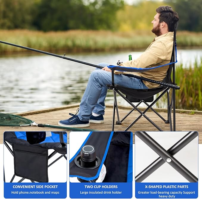 EMERIT 2 Pack Oversized Padded Camping Chair, 350LB Heavy Duty Quad Fold Chair with Arms, Collapsible Outdoor Chairs with Lumbar Back & Cup Holder