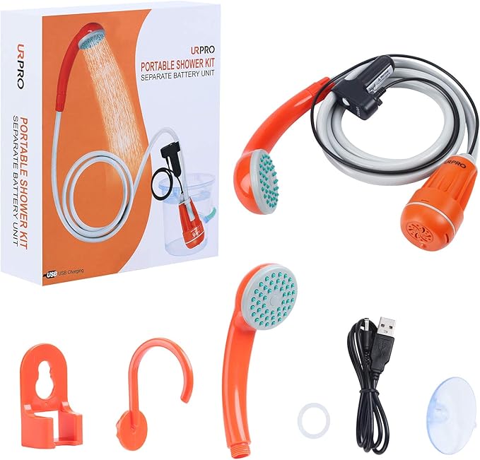 Portable Camping Shower, Outdoor Shower Head, Shower Pump, Detachable USB Rechargeable Batteries, Pumps Water from Bucket, for Camping, Hiking, Pet Cleaning, Pet Shower, Car Washing