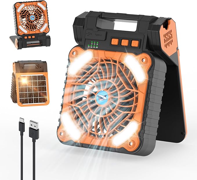 Smiling Shark Camping Fan With LED Lantern, 4 Speeds Powerful Wind Portable 6000 mAh Solar Rechargeable 90ยฐ Foldable Camp Fan With Power Bank & 3 Timer Cordless Tent Fan For Camping Fishing Hiking
