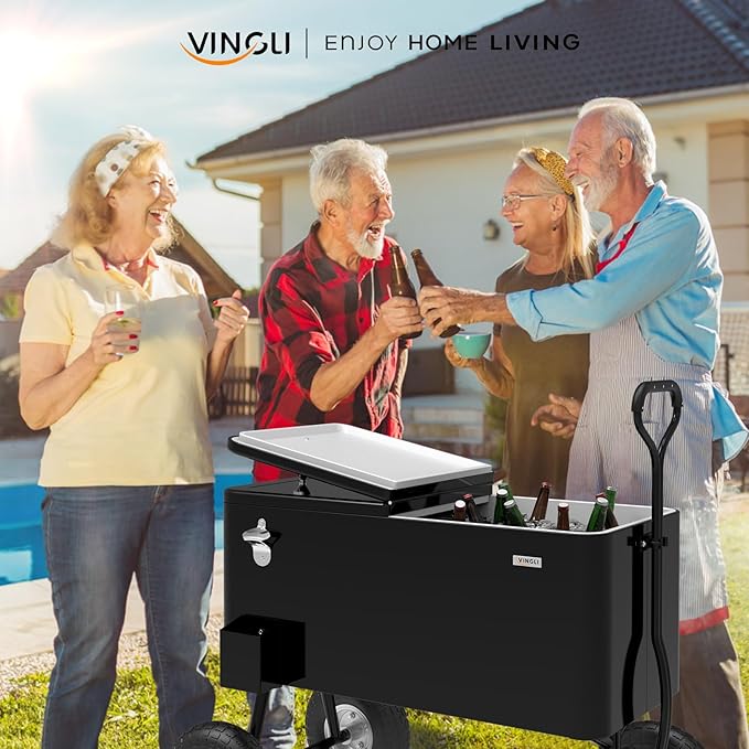 VINGLI 80 Quart Wagon Rolling Cooler Ice Chest, w/Long Handle and 10" Wheels, Portable Beach Patio Party Bar Cold Drink Beverage, Outdoor Park Cart on Wheels