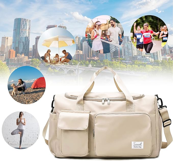 Sports Gym Bag with Shoes Compartment Travel Duffel Bag with Dry Wet Separated Pocket for Men and Women, Overnight Bag Weekender Bag Training Handbag Yoga Bag - Off White