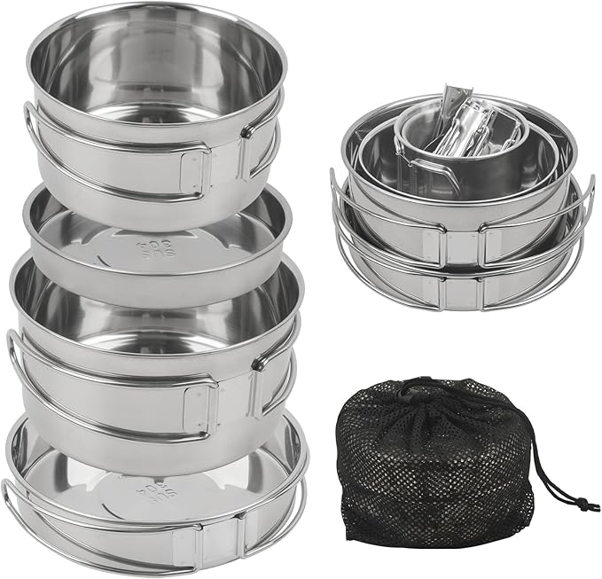 Camping Cookware Mess Kit Outdoor: GEEKHOM 14PCS Stainless Steel Camping Pots and Frying Pans, All-in-One Portable Camp Cookset Grilling Tools for Backpacking & Campfire (1-2 Person)