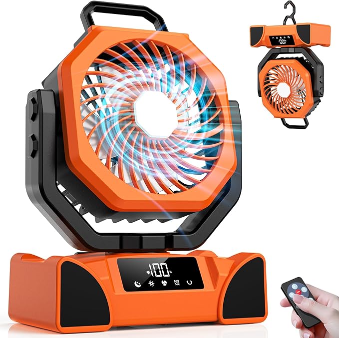 Portable Rechargeable Fan, 20000mAh Battery Powered Fan with LED Light, Camping Fans for Tent Remote Control, 5 Speed & Hook, 10-inch Outdoor Cordless Fans for Travel,Home,Beach, Power Outage - Orange