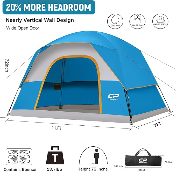 CAMPROS CP Tents for Camping 4/6 Person Tent Waterproof Windproof Double Layer Camping Tent, Easy Setup Dome Tent with Large Mesh Windows & Wider Door for Outdoor Camping & Hiking
