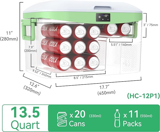 12 Volt Refrigerator Portable Car Freezer 13.5 Quart (12.8 Liter) Compressor Cooler 12V/24V DC 110~240 Volt AC for Truck Van RV Camper SUV Boat Travel Camping Road Trips Tailgating -18℃~+15℃