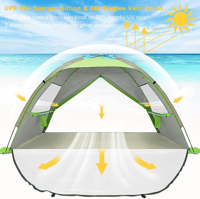 G4Free Portable Beach Tent 2-3 Persons Sun Shade Shelter UPF 50+ Sport Umbrella Canopy with Extendable Floor Foldable Lightweight