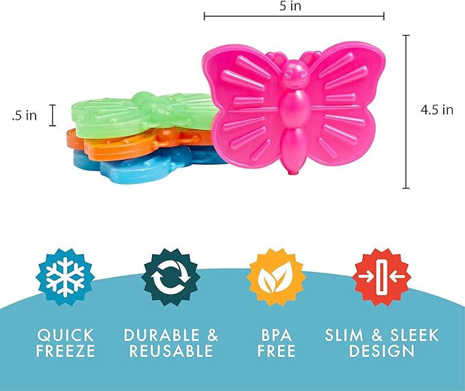 Cool Coolers Kids Lunch Box Ice Packs, Slim Ice Packs for Lunch Bags, Lunch Ice Packs ReusableMulticolored 4 Pack (Butterfly)
