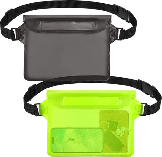 2-Pack Waterproof Pouch with Adjustable Waist Strap, Waterproof Dry Bag, Keeps Cell Phones and Valuables Safe and Dry, Perfect for Kayaking, Beach, Camping and Swimming (Black)
