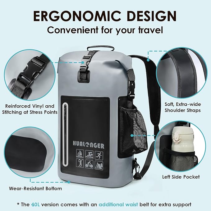 Waterproof Backpack 20L/30L/40L- Roll Top Closure Bag - Hiking Backpack - Lightweight Durable Floating Dry Bag with IPX8 Waterproof Phone Case