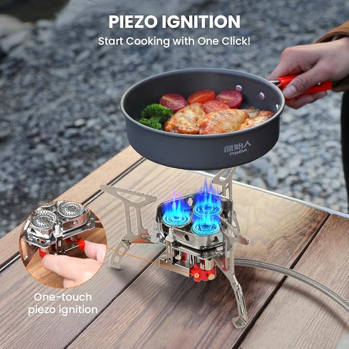 Portable Propane Camping Stove for Outdoor - GEEKHOM 6800W Windproof Gas Stove with Piezo Ignition; 2-Fuel Butane Propane Backpacking Stove for Hiking & Picnics; Tripod Base & Adapter