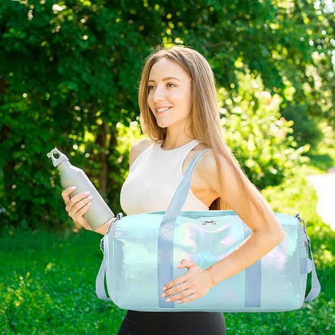 Gym Bag Sports Duffle Bag with Wet Pocket Weekender Overnight Bag with Waterproof Shoe Pouch and Air Hole for Girls Kids Women Travel Foldable Bag (Green)