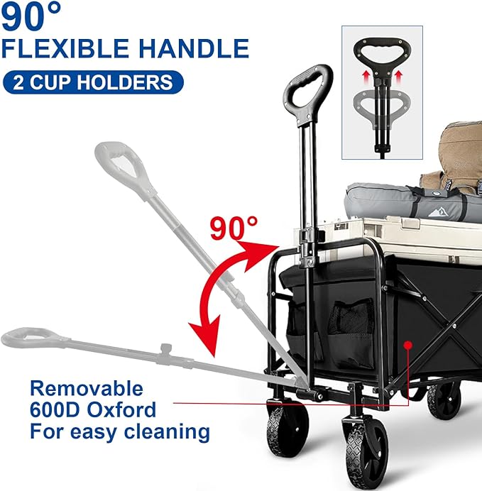Collapsible Wagon Cart Foldable Portable Heavy Duty Folding Beach Wagons, Outdoor Utility Carts with Large Capacity for Grocery, Camping, Shopping, Fishing, Sports, Garden Black