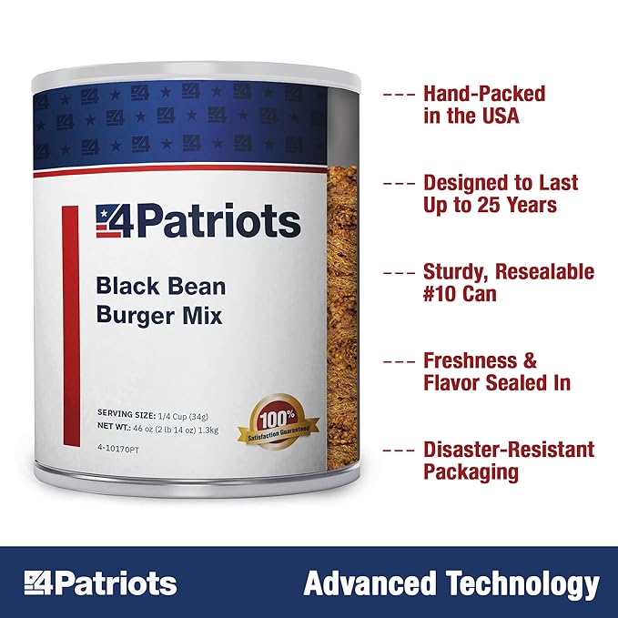 4Patriots Black Bean Burger Mix #10 Can: Tasty Survival Food Designed to Last 25 Years, 38 Servings