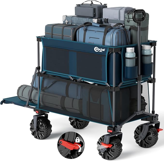 PORTAL 400L Large Capacity Collapsible Double Decker Wagon with Brakes, 450LB Heavy Duty Folding Cart with Tailgate, Foldable Utility Wagons for Camping, Beach, Garden, Sports, Shopping