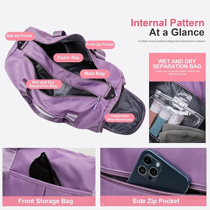 ZGWJ Sports Gym Bag with Wet Pocket & Shoes Compartment, Waterproof Shoulder Weekender Bag for Women and Men Swim Sports Travel Gym Bag Lightweight and easy Carry on Purple