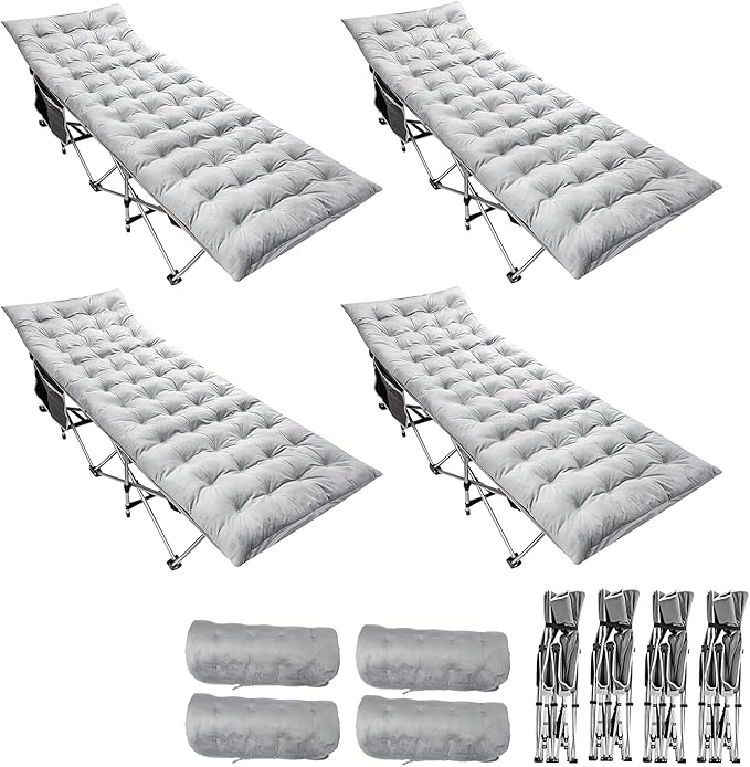 Zento Camping Cot and Mattress Folding Outdoor Travel Bed 4 Pack- Heavy Duty Max Load 450 LBS Premium Quality Cot Bed with Pad for Comfort Sleeping for Travel Home and Anytime Use