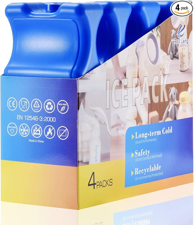 Cold Freezer Cool Ice Packs Double Sided Contoured Reusable Long Lasting for Breast Milk Baby Bottles Cool Storage Insulated Bags, Lunch Box Soda Beer Can Coolers(600g,Set of 4)