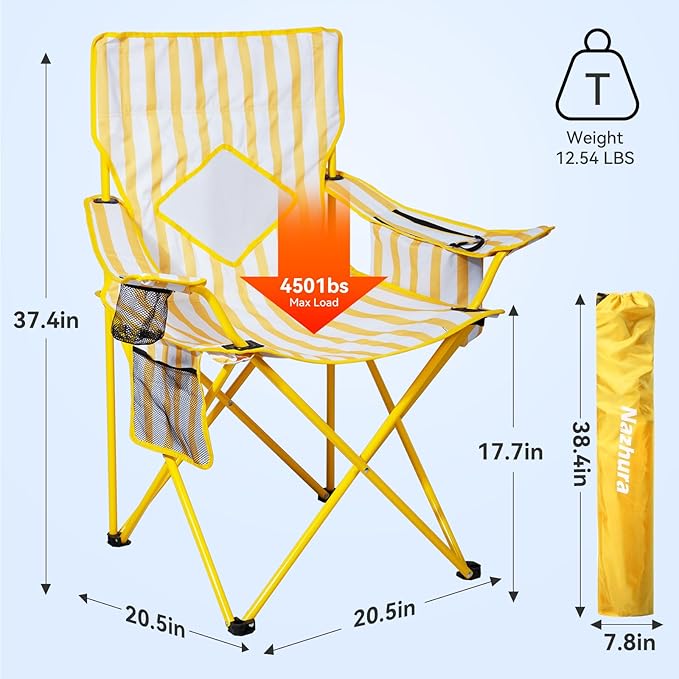 Nazhura 2 Pack Folding Camping Chair with Cooler Pouch, Mesh Backrest and Cup Holder Pocket (Yellow, 2 Pack)