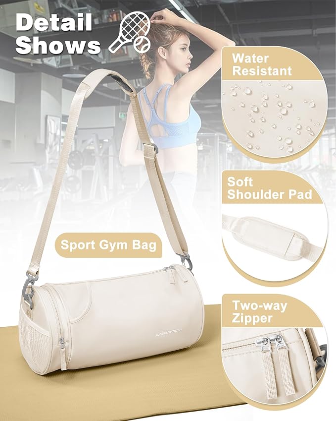 Small Women's Workout Bag - Waterproof Mini Duffle Gym Bag with Wet Pocket - Carry On Weekender for Dance, Swimming, Yoga, Fitness - White