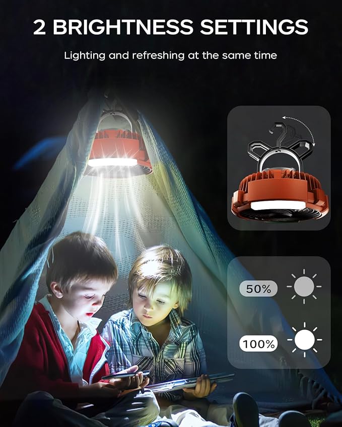 Camping Fan with LED Lantern, 6000mAh Battery Operated Rechargeable Fan, 3 Speeds,180° Rotation, Portable Desk Fan with Hanging Hook, Tent Fan for Travel Camping Outdoor Fishing