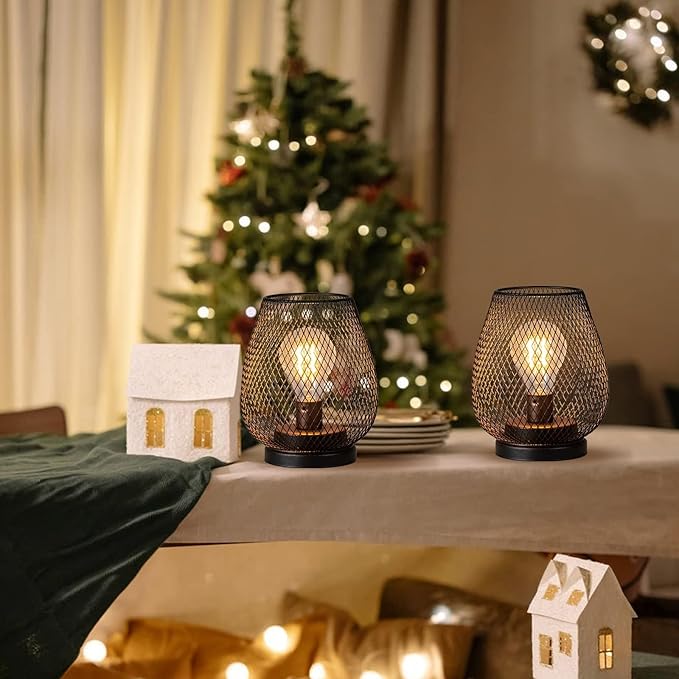 DECORKEY Set of 2 Battery Operated Lamp LED Table Lantern, Brown Metal Cage Cordless Lamps with LED Bulb,Vintage Decorative Outdoor Lantern for Weddings, Parties, Patio, Events for Indoors Shelf Decor