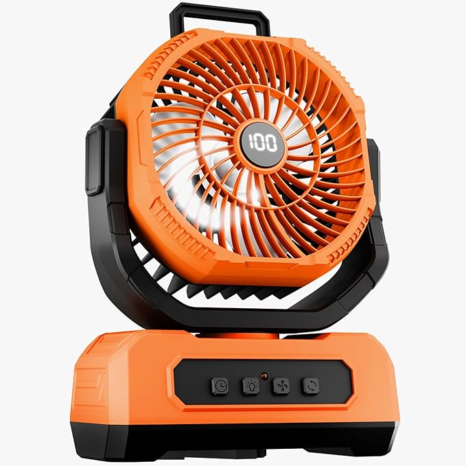 Roykaw Camping Fan 20800mAh Rechargeable Battery Powered Fan for 60 Hrs Cooling, Oscillating Fan with Battery Level Display, Colorful LED Lights & Timer Function, Fit for Fishing/Office, Orange