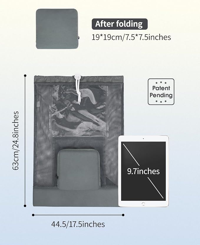 WANDF Swim Bag Foldable Mesh Drawstring Bag with Quick-dry Shoulder Strap Beach Backpack with Wet Pocket for Swimming, Gym, and Workout Gear (Grey Patent Pending)