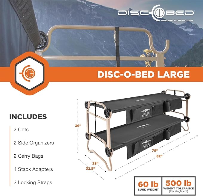 Disc-O-Bed Large Outdoor Convertible 2 Person Bench and Double Camping Cot Portable Bed Bunk System for Adults