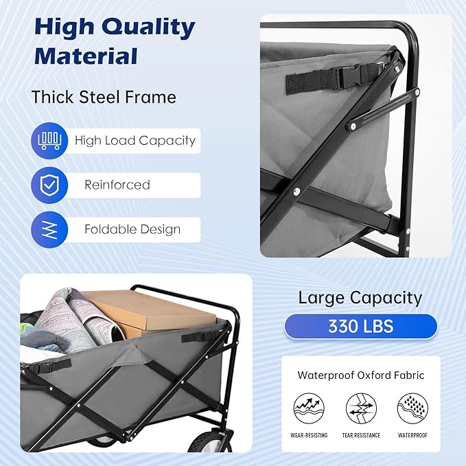 FDW 39''L Collapsible Wagon Cart, Heavy Duty Utility Folding Wagon for Outdoor Sports, 330 LBS Weight Capacity, Camping, Garden, and Shopping, Grey