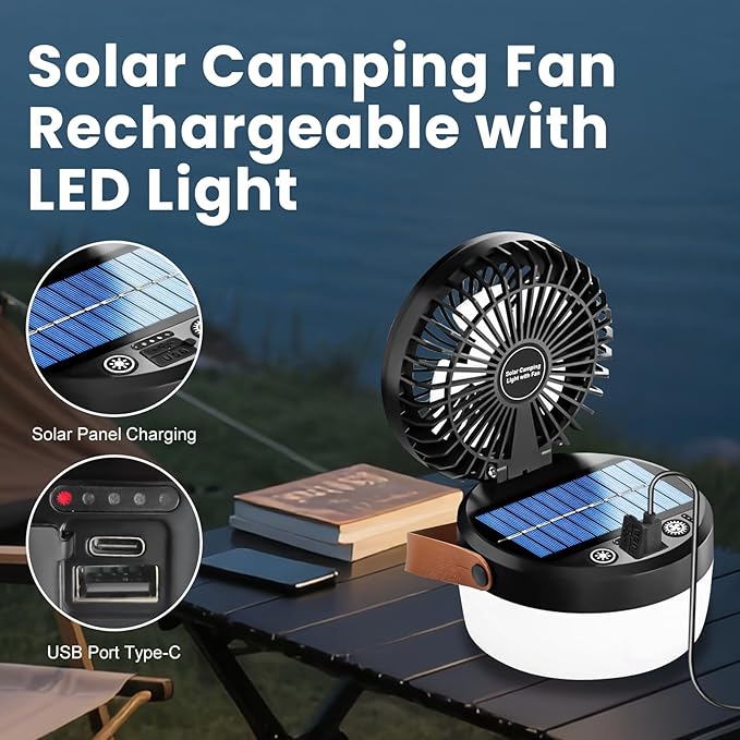 Solar Camping Fan Rechargeable Camping Light, Folding Solar Powered Fan for Outdoors, Portable utdoor Lights with USB Output for Camping Tent, Mountain, Emergency (Black)