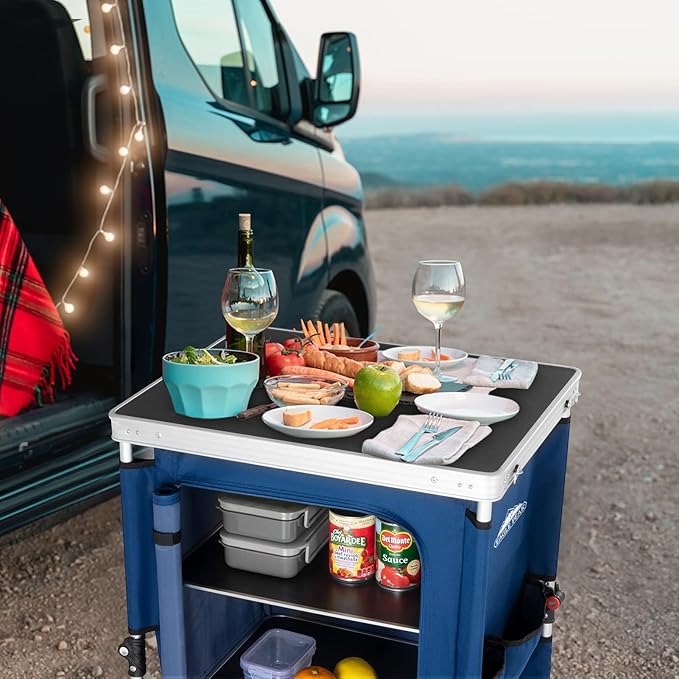EAGLE PEAK Outdoor Folding Camping Table with Large 3-Tier Storage Organizer and Side Pockets, Easy Set Up Portable Aluminum Camping Kitchen, Blue