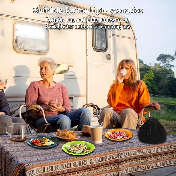 Evanda Camping Cutlery Set, Reusable Light Weight Mug, Plate and Stainless Steel Cutlery Set with Black Bag, Dishwasher Safe